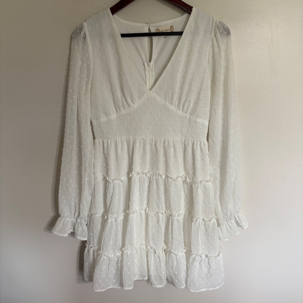 Altar'd State White Swiss Dot Tiered Long Sleeve Mini Dress V-Neck Medium